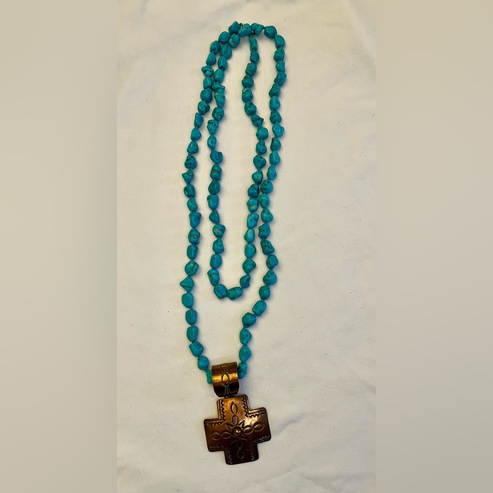 Turquoise Beaded Necklace with Copper Cross Pendant